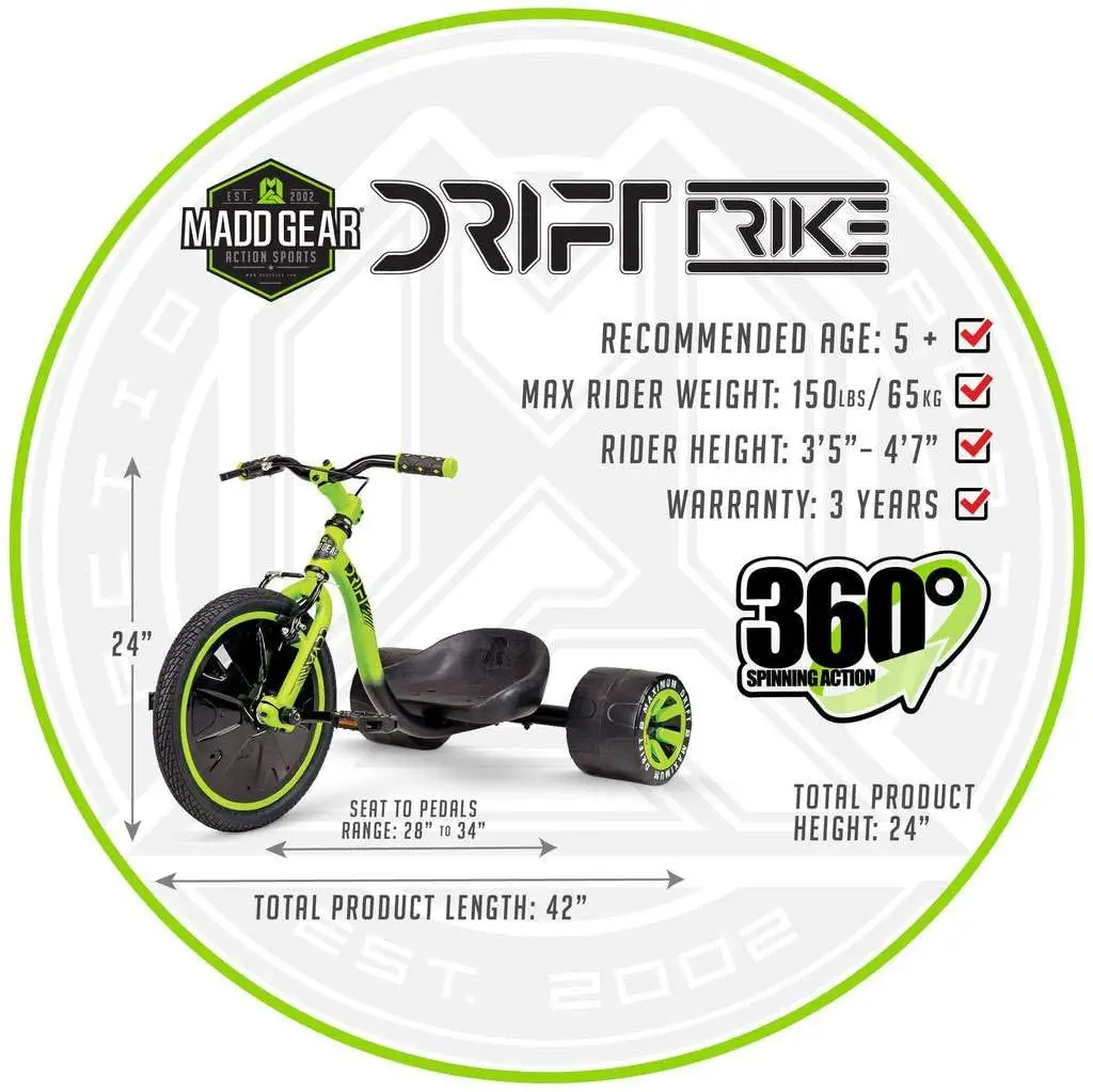360 trike drift - MG Mini Drift Trike – Suits Boys & Girls Ages 5+ - Max Rider Weight 150lbs – 3 Year Manufacturer’s Warranty – Awesome Drifting Action – Built to Last Est. 2002 Black/Green 2020 - Image 1