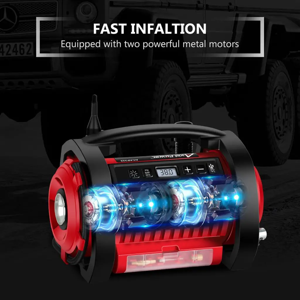 Best air compressor for bike tires - Avid Power Tire Inflator Air Compressor, 12V DC / 110V AC Dual Power Tire Pump with Inflation and Deflation Modes, Dual Powerful Motors, Digital Pressure Gauge 1-Red - Image 1