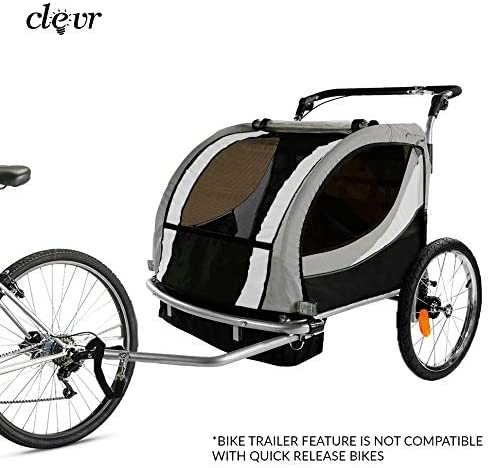 Clevr bike trailer - Clevr Deluxe 3-in-1 Double 2 Seat Bicycle Bike Trailer Jogger Stroller for Kids Children | Foldable Collapsible w/Pivot Front Wheel Grey - Image 1