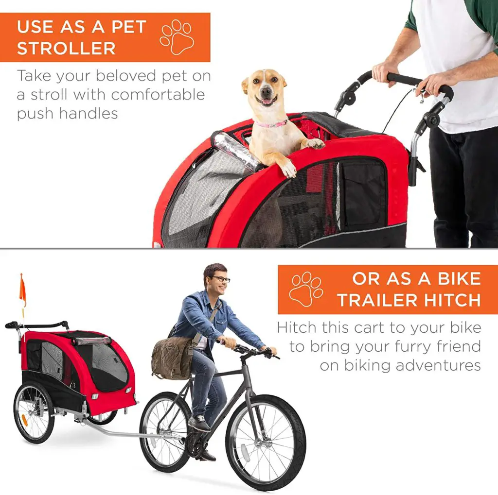Dog bike stroller - Best Choice Products 2-in-1 Pet Stroller and Trailer, Red, with Hitch, Suspension, Safety Flag, and Reflectors - Image 1