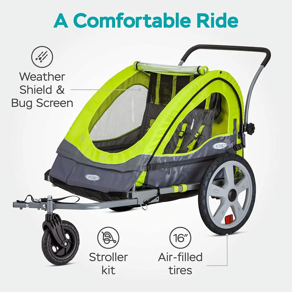 Instep bike trailer reviews - Instep Quick-N-EZ Double Tow Behind Bike Trailer for Toddlers, Kids, Converts to Stroller, Jogger, 2-in-1 Canopy, Universal Bicycle Coupler, Folding Frame, Multiple Colors Green - Image 1