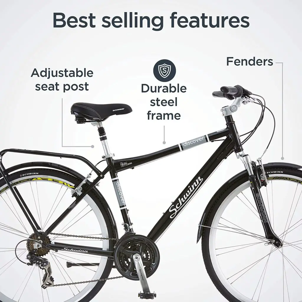 Best bicycle for 50 year old man - Schwinn Discover Hybrid Bike for Men and Women, 21-Speed, 28-Inch Wheels, Multiple Colors Discover Black 18-inch Frame - Image 1