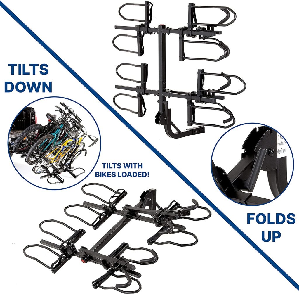 Best bike rack for prius - KAC Overdrive Sports K4 2” Hitch Mounted Rack 4-Bike Platform Style Carrier for Standard, Fat Tire, and Electric Bicycles – 60 lbs/Bike Heavy Weight Capacity - Smart Tilting – RV Use Prohibited - Image 1