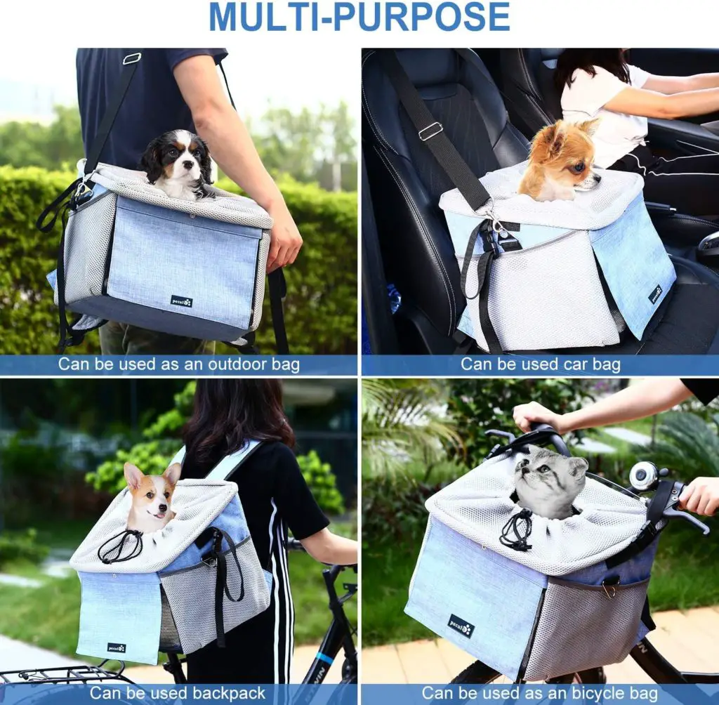 Cat bike basket - Pecute Dog Bike Basket Pet Carrier Bicycle, Dog Booster Car Seat Pet Booster Seat with 2 Big Side Pockets, Comfy & Padded Shoulder Strap, Portable Breathable Pet Carrier, Travel with Your Pet Blue - Image 1