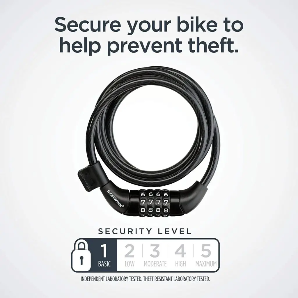 Kids bike lock - Schwinn Anti Theft Bike Lock, Security Levels 1-5, Cable and U-Lock Options Security Level 1/Combination Lock 4 Foot/12mm Cable - Image 1