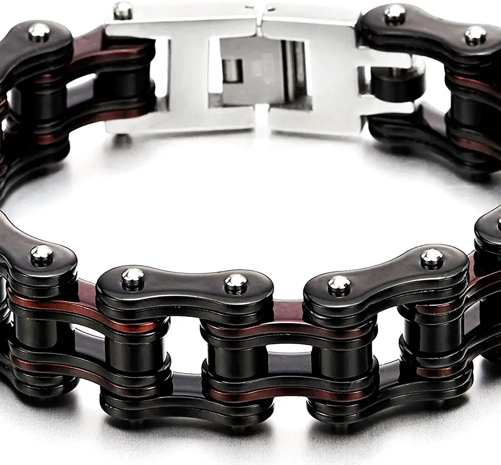 Mens bike chain bracelet - COOLSTEELANDBEYOND Masculine Mens Bike Chain Bracelet of Stainless Steel Two-Tone Polished Metal Color:Black - Image 1