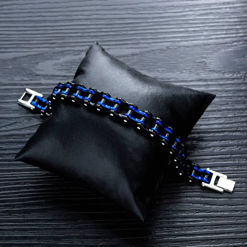 Mens bike chain bracelet - Feraco Mens Bikers Bracelet Stainless Steel Motorcycle Bike Chain Bracelets 8.4 Inch Black Blue - Image 1