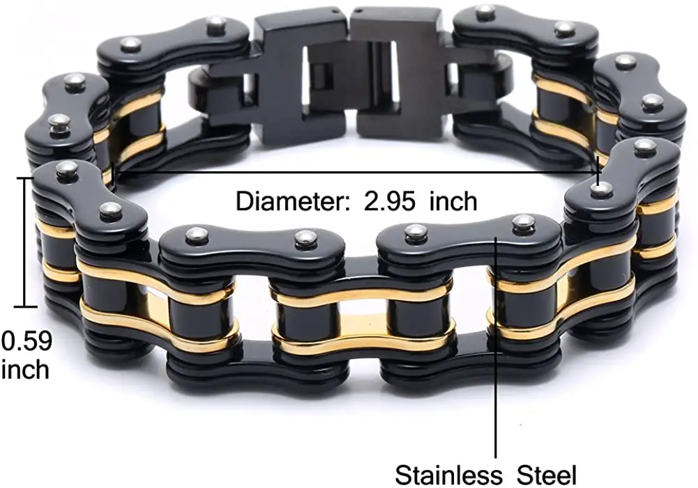 Mens bike chain bracelet - Mens Bicycle Bracelet Stainless Steel Biker Link Chain Wristband Motorcycle Bangle 8.5 inch black-gold - Image 1